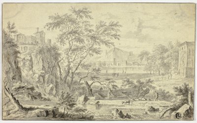 Italianate Landscape with Shepherd and Flock by Stream, Town in the Distance by Jan van Huysum