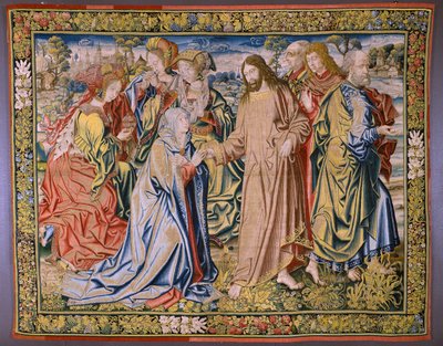 Flemish Tapestry. Series Heaven of Charles V. Christ is Saying Goodbye to His Mother. Cartoonist Jan van Coninxloo. Manufacture of Julien Portois, Mechelen (Malines). Ca 1521. by Jan van II Coninxloo