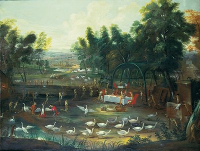 A Fete Champetre of Foxes and Swans by Jan van Kessel