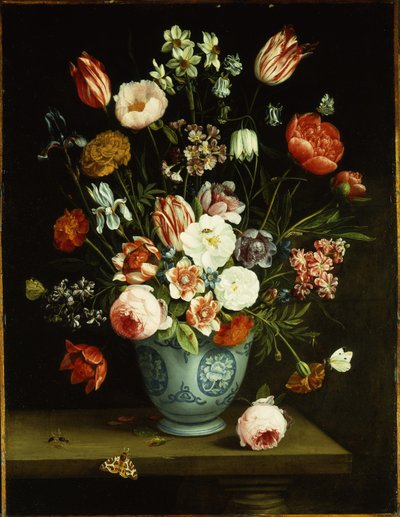Flowers in a Blue and White Porcelain Vase, with Moths and Other Insects on a Ledge by Jan van Kessel