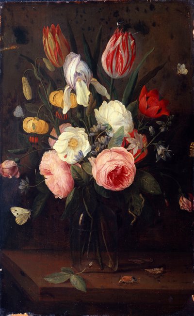 Roses, Tulips and Other Flowers in a Glass Vase, with Insects, on a Table by Jan van Kessel