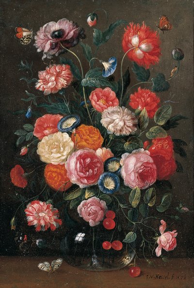 Roses, Carnations, Morning Glory, a Poppy and a Sprig of Cherries in a Glass Vase, a Wall Brown, an Orange Tip, a Red Admiral and a Magpie Butterfly on a Table by Jan van Kessel