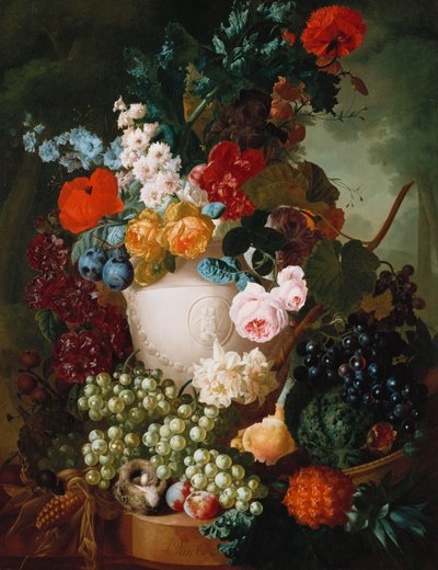 Roses, Poppies and Other Flowers in a Sculpted Vase with Fruit, a Mouse and a Bird