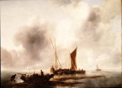 Fishermen Unloading Their Catch in a Calm by Jan van de Capelle or Cappelle