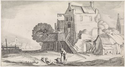 Three Conversing Figures at an Inn (series title: Pleasant Landscapes and Delightful Sights) by Jan van de Velde (II)