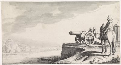 Rider and Two Soldiers by a Cannon on a Riverbank by Jan van de Velde (II)