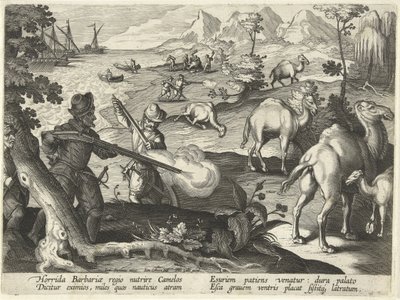 Sailors in a Horrid Barbarian Country Kill Camels with Muskets to Relieve Their Hunger, Illustration from 