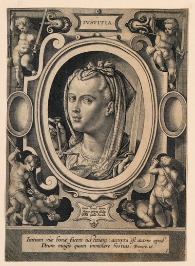 Justice (Iustitia), plate 5 from the "Virtutum theologicarum et cardinalium" by Jan van der Straet, called Stradanus