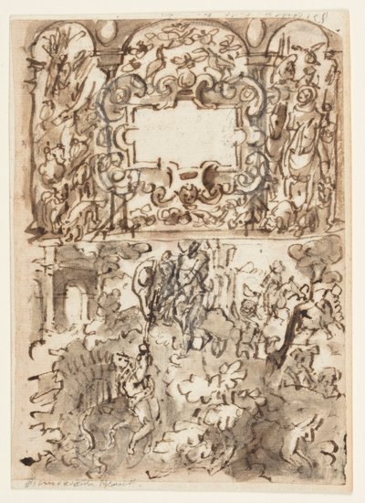 Page of a Sketchbook; Title Page for Engraving Series on Hunting; Accident of a Hunter by Jan van der Straet, called Stradanus