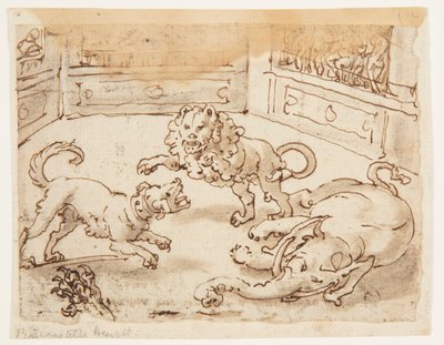 Alexander the Great watching a Fight between his Dog, and Elephant, and a Lion; inscription relating to Pliny the Elder