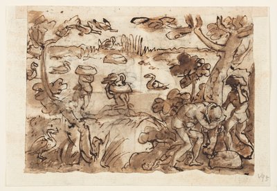 Recto: Hunting Ducks using Pumpkins in the West Indies; Verso, above: Crocodile Hunt in the Nile; Verso, below: Hunting Tigers using Traps and Mirrors by Jan van der Straet, called Stradanus