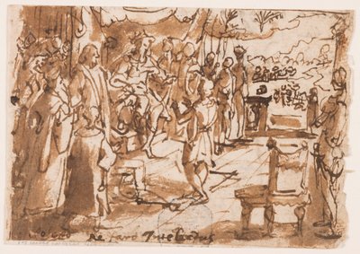 Joseph interpreting the dreams of Pharoah, preliminary design for plate 2, "Spiritus Intellectus" (The Spirit of Intellect) in the "Seven Gifts of the Holy Spirit" series; inscription concerning print series of the "Life of John the Baptist" by Jan van der Straet, called Stradanus