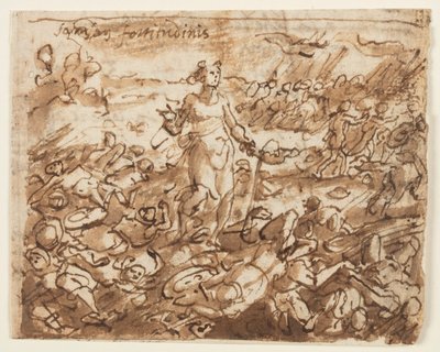 Recto: Samson, having defeated the Philistines, drinks water from the jawbone of an ass, preliminary design for "Spiritus Fortitudines" (The Spirit of Strength), plate 4 in "The Seven Gifts of the Holy Spirit" print series. Verso: obscured inscription by Jan van der Straet, called Stradanus