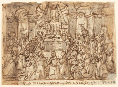 Sketchbook Page with Communion at Church and Home by Jan van der Straet, called Stradanus