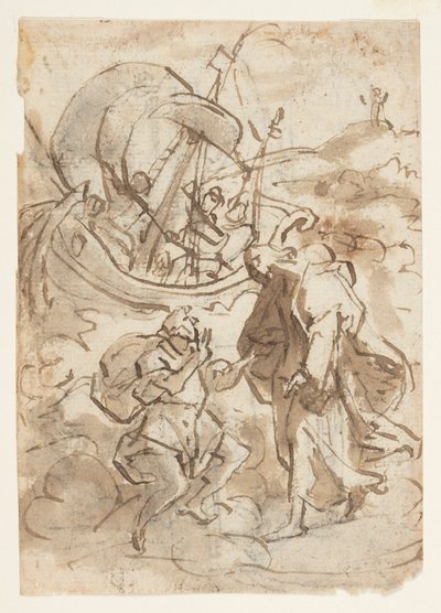 Sketchbook Page with Christ Walking over Water by Jan van der Straet, called Stradanus