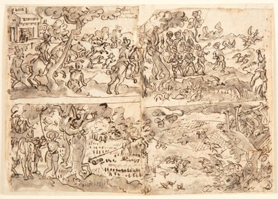 Sketchbook Page with Four Hunt Scenes by Jan van der Straet, called Stradanus