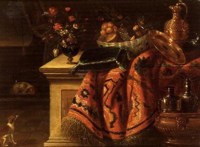 A Still Life with a Vase of Flowers, Fruit in a Bowl, a Silver-Gilt Ewer and Plate & a Cushion by Jan van the Elder (follower of) Kessel