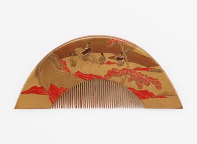 Comb with decoration of Mount Fuji and travelers by Japanese School