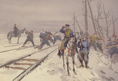 Destruction of the Manchurian Railroad by a Band of the Hunhutse Robbers by Japanese School
