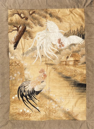 Embroidered Hanging, Worked in Silks with a Pair of Cockerels with Trailing Plumage, One in Flight, the Other Perched on a Riverbank Amongst Daisies, Late 19th Century by Japanese School