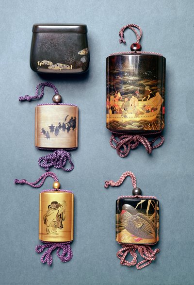 Inro and tobacco pouch: Tobacco Pouch with Hiramaki-e design, signed Zeshin; Inro, foxes wedding procession in Sumi-e Togidashi, signed Toyo; Inro, two sages reading a scroll in Sumi-e by Japanese School