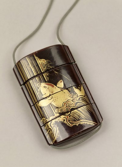 Inro decorated with a carp in a waterfall, Japanese by Japanese School