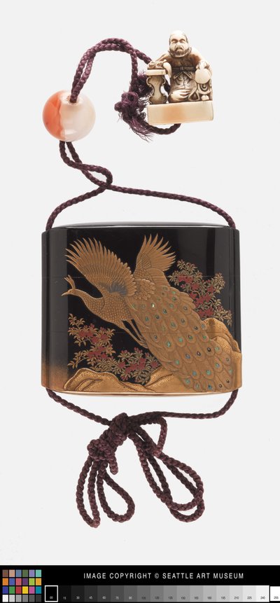 Inro decorated with peacock, ojime, and netsuke by Japanese School