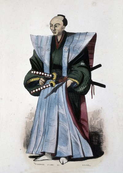 Japanese nobleman with weapons and ceremonial attire, 1860 by Japanese School