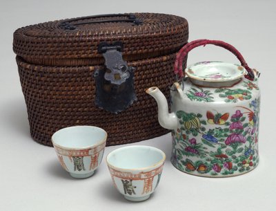 Japanese Tea Set with Wicker Carrying Case, c.1850 by Japanese School