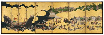 Nanban Six-Fold Screen Depicting the Arrival of a Portuguese Ship for Trade, Edo Period by Japanese School