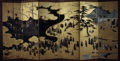Portuguese Screen Representing the Arrival of Portuguese Jesuit Missionaries in Japan in the 16th Century by Japanese School