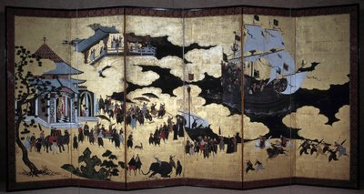 Portuguese Screen Representing the Arrival of Portuguese Jesuit Missionaries in Japan in the 16th Century by Japanese School