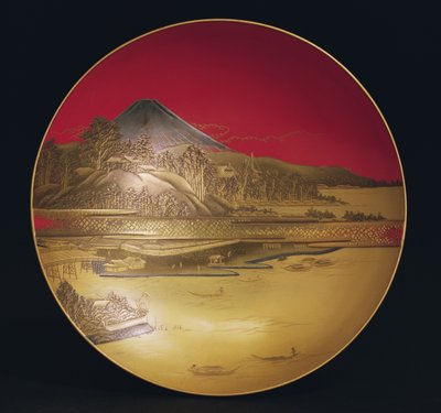 Sake cup, depicting a landscape with boats and a bridge under Mount Fuji, 19th century by Japanese School