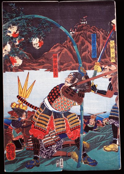 Samurai displaying severed heads of their enemies on bamboo canes, sewamono (domestic play) by Japanese School
