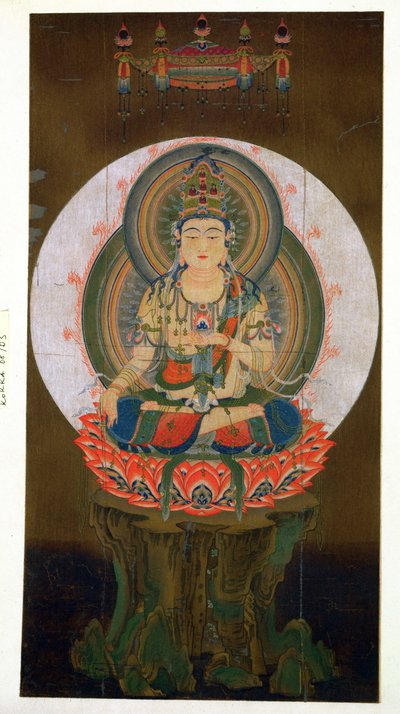 The Bodhisattva Akashagarba holding the Cintamani Jewel in the left hand and seated on a lotus, illustration after a kakemono of the 9th century from the temple of Daigo by Japanese School