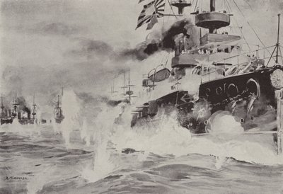 The Mikasa bravely fighting against the Russian Squadron off Port Arthur on 10 August by Japanese School