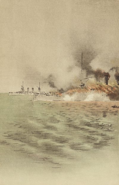 The Varyag Set on Fire by Her Own Crew to Prevent Capture at Chemulpo by Japanese School