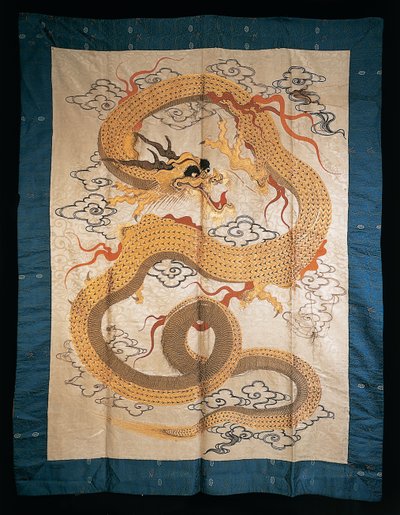 Wall Hanging Embroidered with a Writhing Gilt Dragon Among Clouds by Japanese School