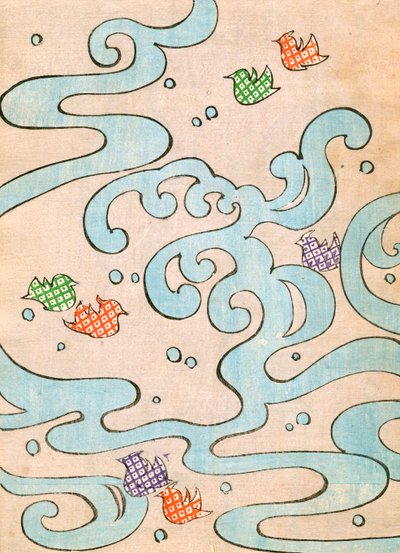 Stylized Birds Flying Over Water by Japanese School