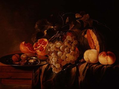 Still Life of Melon, Grapes, Pomegranate, Walnuts on a Pewter Plate and Peaches by Jasper Geerards