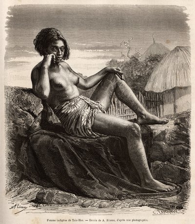 Native woman of Taio-Hae (or Taio Hae), in the archipelago of the Marquises, nonchalantly showing her tattooed legs, engraving after a drawing by A.Rixens illustrating the memories of the Pacific, in 1872-1874, by A.Pailhes, a ship sign, published in 
