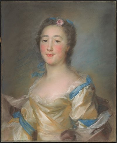 A Young Lady in a Yellow Gown with Blue Ribbons by Jean-Baptiste Perronneau