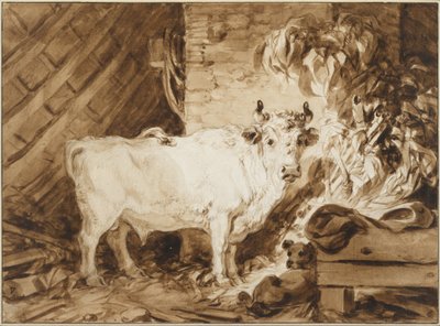 White Bull and a Dog in a Stable by Jean Honore Fragonard