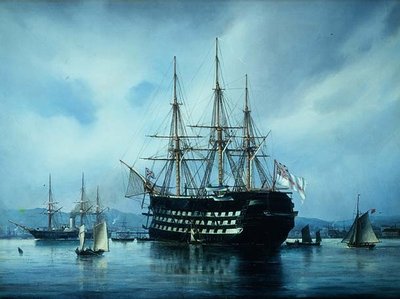 An English Warship at Anchor off a Port by Jean Altamura