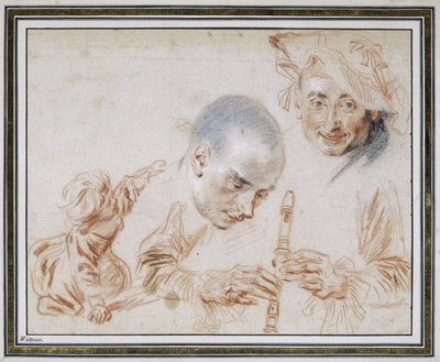Crouching Child, Two Male Heads, One Wearing a Beret, Arms and Hands of a Recorder-Player by Jean Antoine Watteau