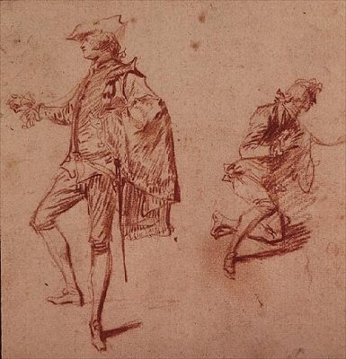 Drawing of a Young Man Standing and Another Kneeling by Jean Antoine Watteau