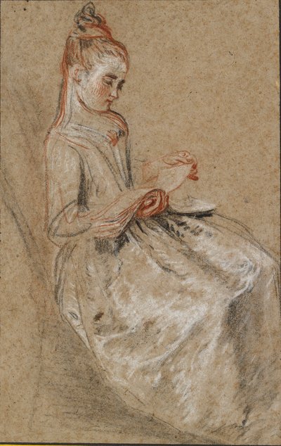 Girl Seated with a Book of Music on her Lap by Jean Antoine Watteau