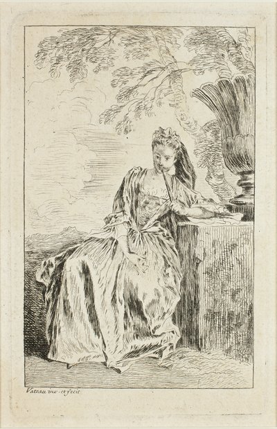 Seated Woman, Leaning on a Pedestal by Jean Antoine Watteau