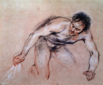Study of a naked man kneeling pulling a drapery by Jean Antoine Watteau