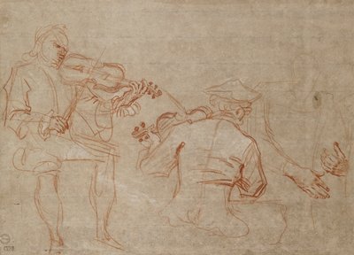 Study of Two Violinists and a Pair of Hands, Holding an Arm, on the Right by Jean Antoine Watteau
